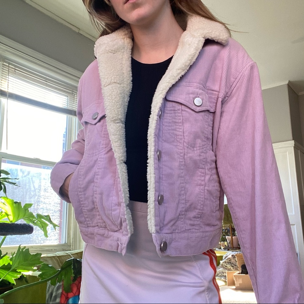 Lilac corduroy fur trim jacket